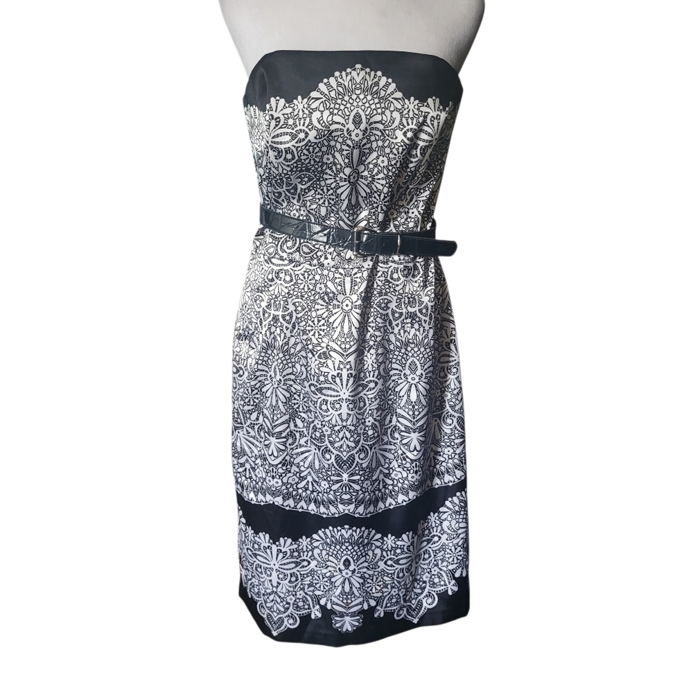 White House Black Market Black and White Strapless Printed Dress